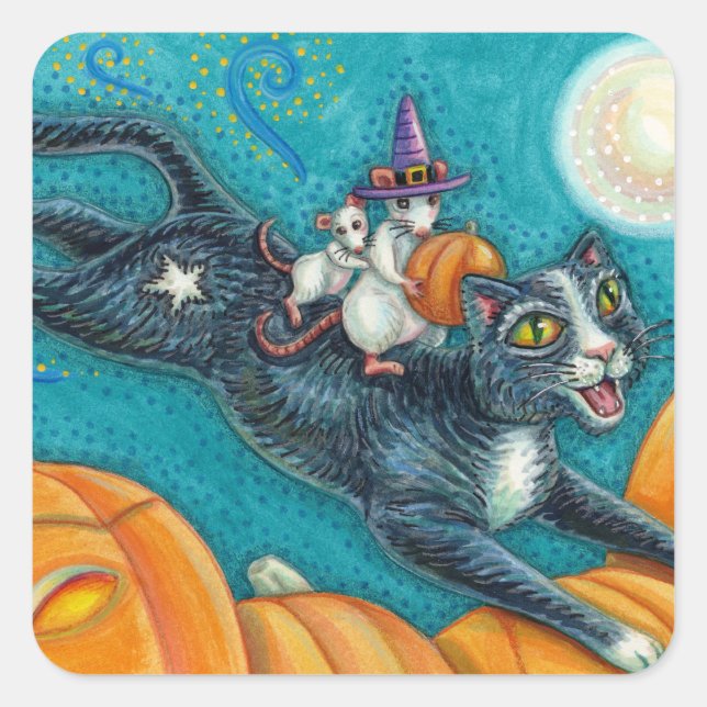 WHITE MICE & BLACK CAT ON HALLOWEEN SCAVENGER HUNT SQUARE STICKER (Front)