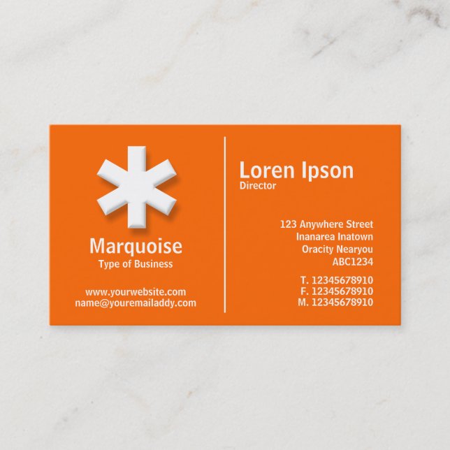 White Middle Rule Asterisk - Orange (FF6600) Business Card (Front)