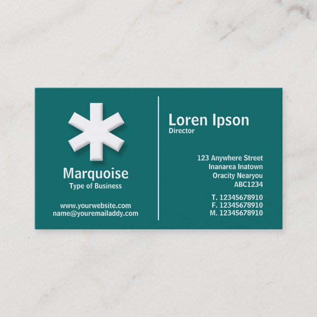 White Middle Rule Asterisk - Teal (006666) Business Card (Front)
