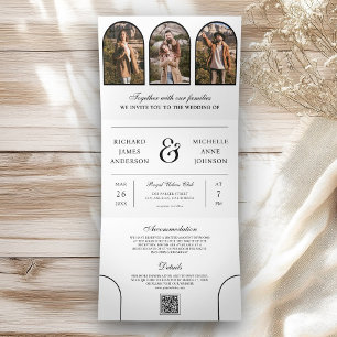 White Minimal Arch Photo QR code Wedding Tri-Fold Invitation