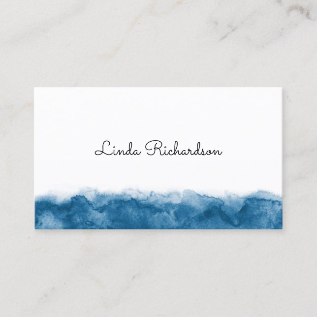 White, minimal, blue watercolor border business card (Front)