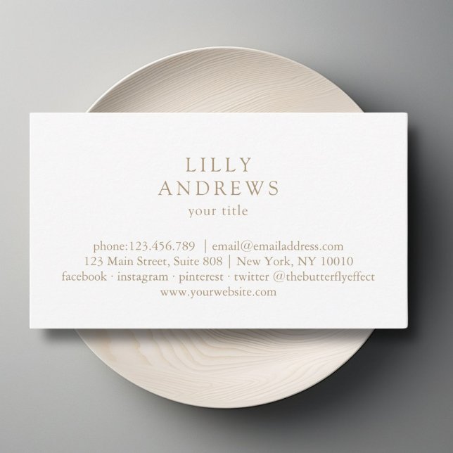  White Minimal Business Card Business Card (Modern, simple business card, white & brown. Edit your product in minutes by adding your data. )