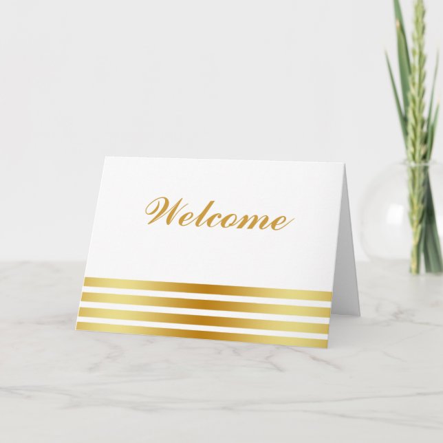 White Minimal with Gold Stripes Welcome Card (Front)