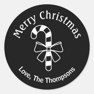 White Minimalist Candy Cane On Black With Text Classic Round Sticker
