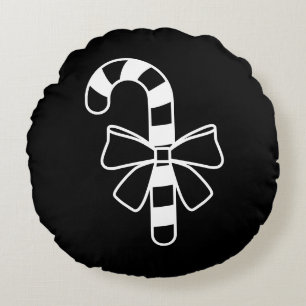 White Minimalist Candy Cane With A Bow On Black Round Cushion