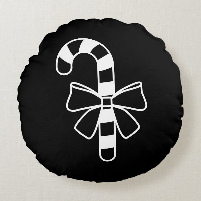 White Minimalist Candy Cane With A Bow On Black Round Cushion (Front)