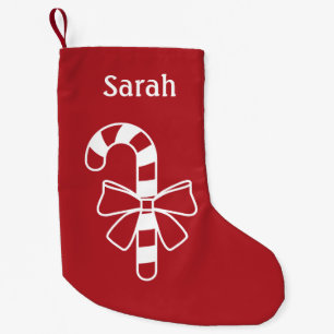 White Minimalist Candy Cane With A Bow On Red Small Christmas Stocking