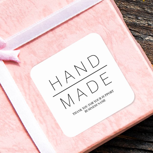 White Minimalist Handmade Business Support Square Sticker (Creator Uploaded)