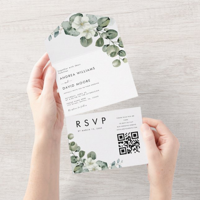 White Minimalist Modern Eucalyptus QR Code Wedding All In One Invitation (Tearaway)