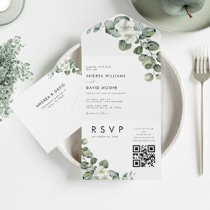 White Minimalist Modern Eucalyptus QR Code Wedding All In One Invitation