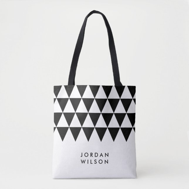 White Minimalist Name Black Triangle Pattern Tote Bag (Front)
