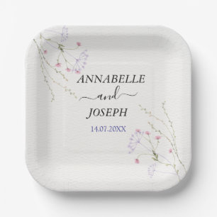 White Minimalist watercolor flowers wedding Paper Plate