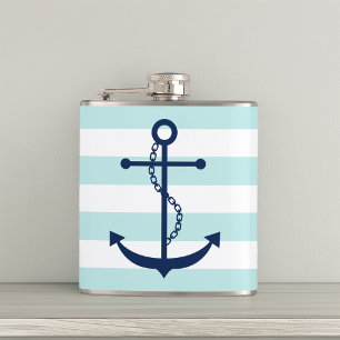 White Mint & Blue Wide Stripes Pattern Anchor Hip Flask