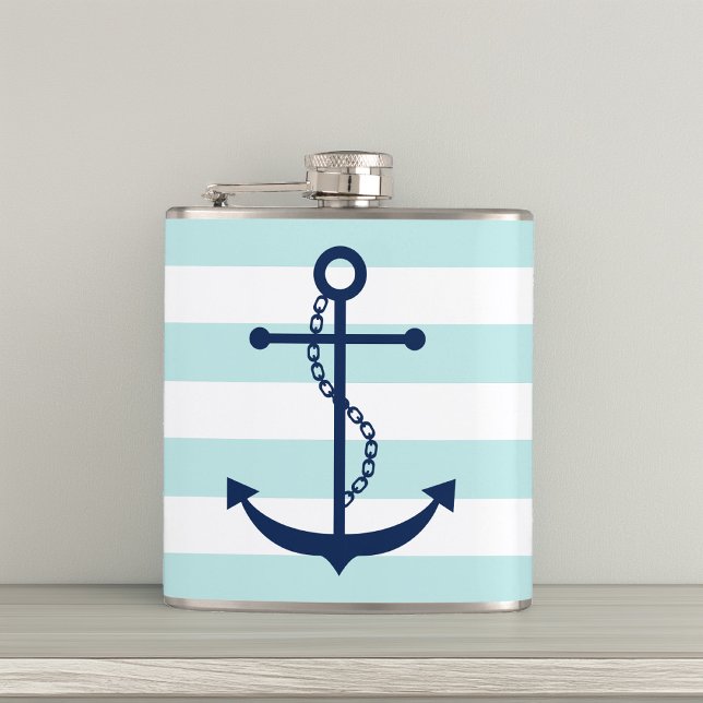 White Mint & Blue Wide Stripes Pattern Anchor Hip Flask (Creator Uploaded)