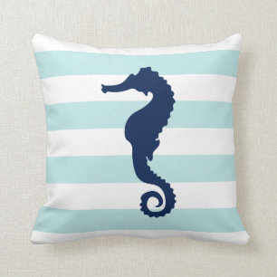 White Mint & Blue Wide Stripes Pattern Seahorse Cushion