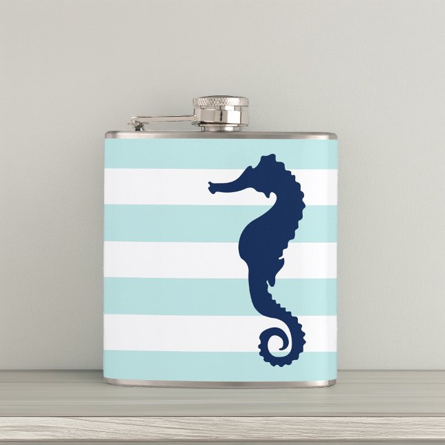 White Mint & Blue Wide Stripes Pattern Seahorse Hip Flask (Creator Uploaded)