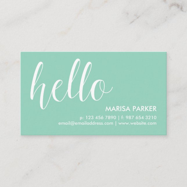 White & Mint Green Hello Business Card (Front)