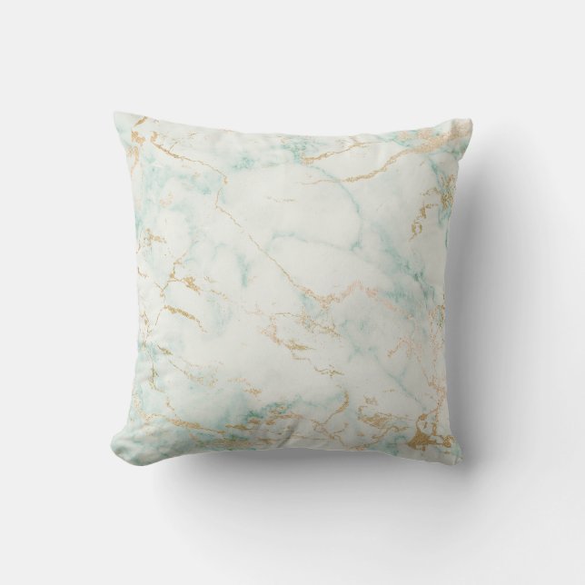 White Mint Green Marble Gold Grey Glam Cushion (Front)