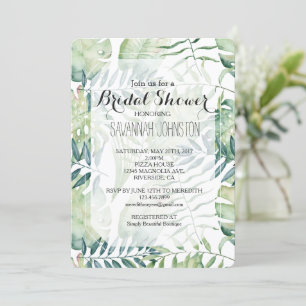 White Mint Green Tropical Leaves Bridal Shower Invitation