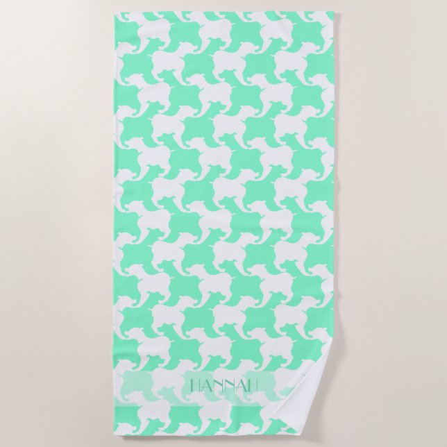 White Mint Houndstooth Dogs Name Beach Towel (Front)