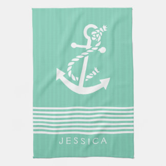 White & Mint Stripes And Nautical Boat Anchor Tea Towel