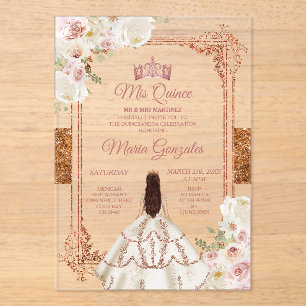 White Mis Quince Crown Rose Gold Quinceañera Acrylic Invitations