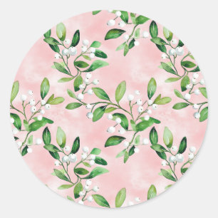 White Mistletoe On Pink Vintage Christmas Classic Round Sticker