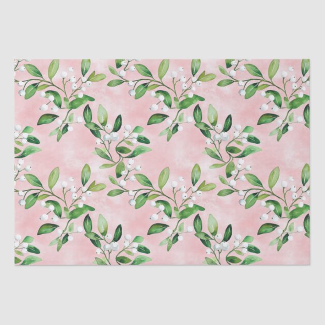 White Mistletoe On Pink Vintage Christmas  Tissue Paper (Front)