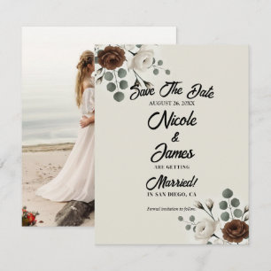 White Mocha Cream Modern Floral Save the Date Invitation