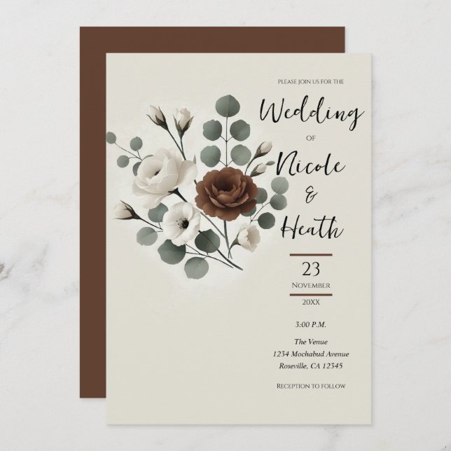 White Mocha Cream Modern Floral Wedding Invitation (Front/Back)