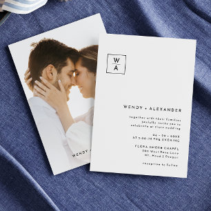 White Modern Bold Monogram Crest Photo Wedding Invitation