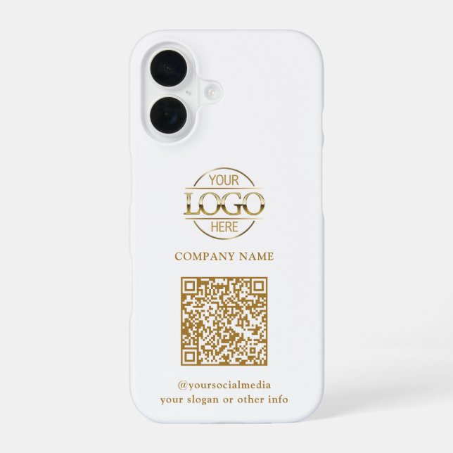 White Modern Business Logo & QR Code Promotional iPhone 16 Case (Back)