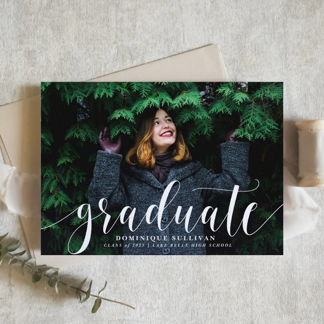 White Modern Calligraphy Photo Graduation Invitation (Personalized Photo Graduation Invitation with White Modern Calligraphy – Customizable Photo)