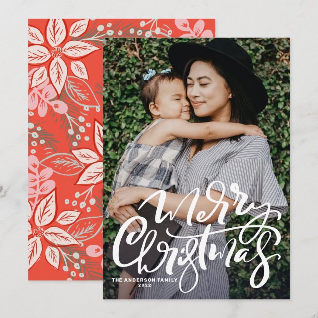 White Modern Calligraphy Photo Merry Christmas Holiday Card (Front/Back)