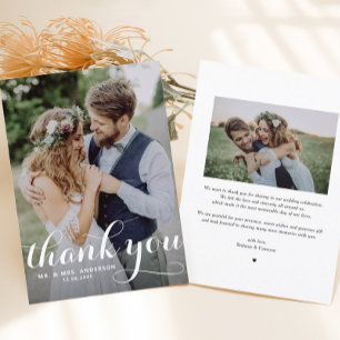 White Modern Calligraphy Photo Wedding Thank You Card