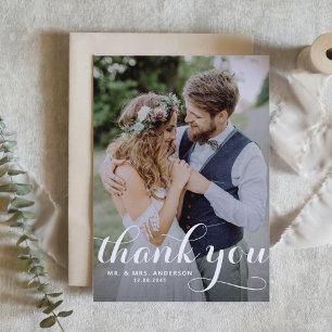 White Modern Calligraphy Photo Wedding Thank You Card