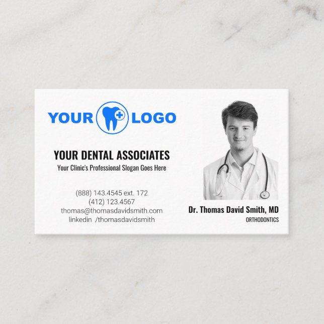 White Modern Dentist Photo & QR Code Template Business Card (Front)
