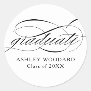 White Modern Elegant Script Graduation Classic Round Sticker