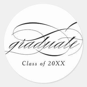 White Modern Elegant Script Graduation Classic Round Sticker