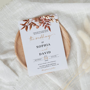 White Modern Fall Terracotta Floral Wedding  Invitation