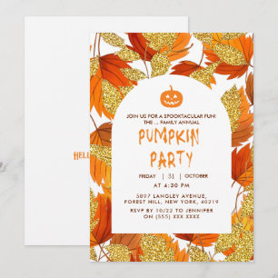  White   Modern Faux Glitter Leaves Halloween Invitation