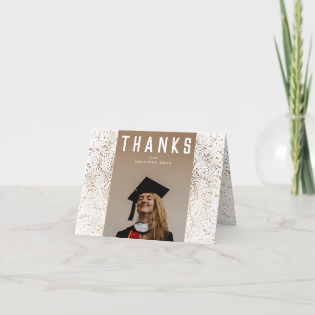 White Modern Gold Foil Botanicals Grad Photo Thank You Card (Front)