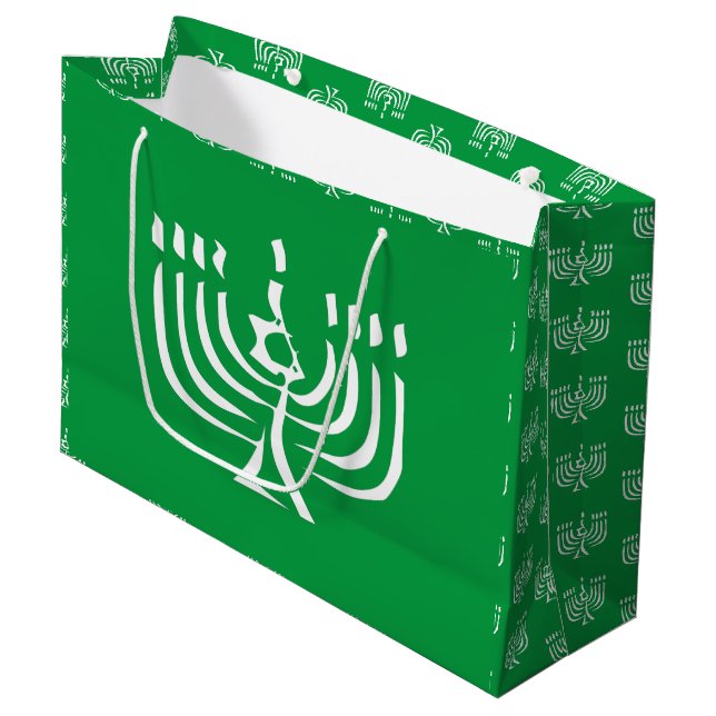 White Modern Menorah Large Gift Bag (Front Angled)