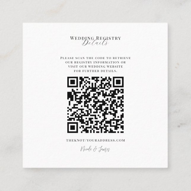 White Modern Minimal Wedding Registry QR Code Square Business Card (Back)