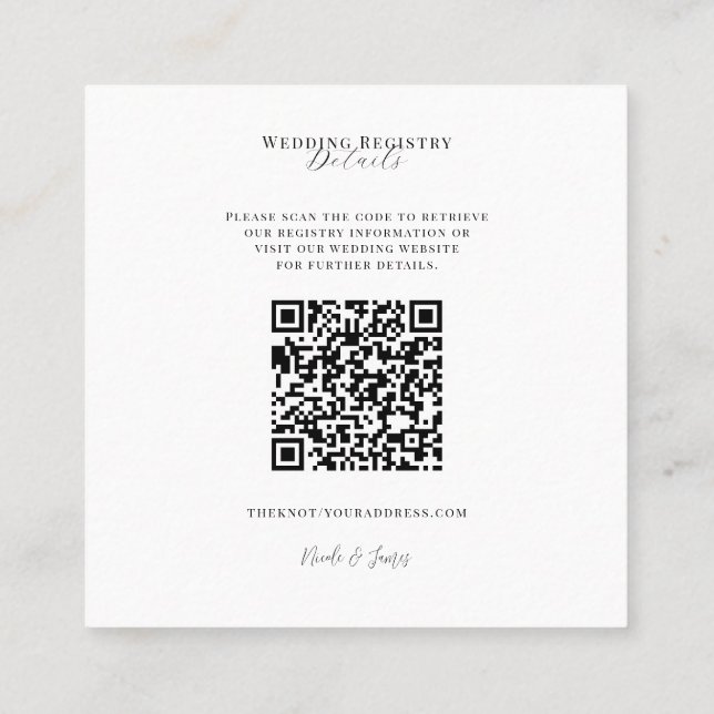 White Modern Minimal Wedding Registry QR Code Square Business Card (Back)