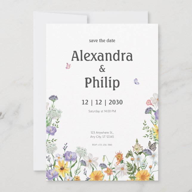 White Modern Minimalist Floral Wedding Invitation (Front)
