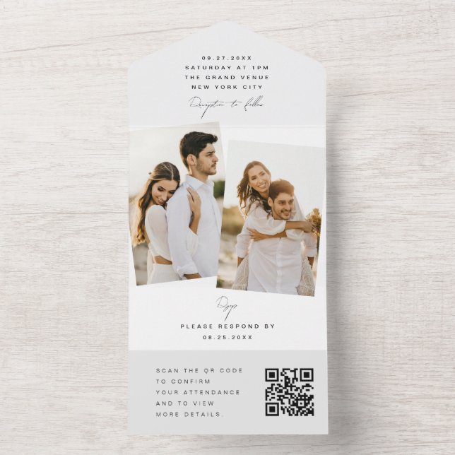 White Modern Minimalist Wedding Photo QR Code RSVP All In One Invitation (Inside)