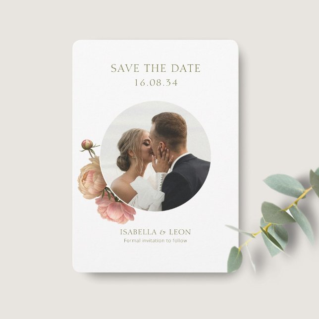 White | Modern Olive Green Rose Save the Date Invitation (Creator Uploaded)