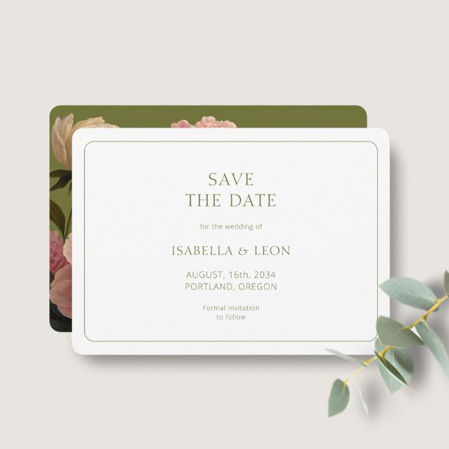 White | Modern Olive Green Rose Save the Date Invitation (Creator Uploaded)