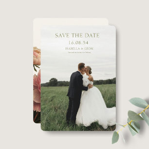 White Modern Olive Green Rose Save the Date Invitation